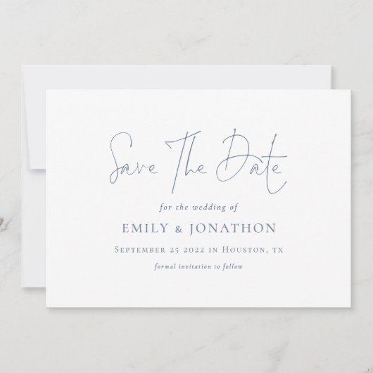 Minimalistische Hochzeit von dunkelblauem Text QR- Save The Date (Vorderseite)