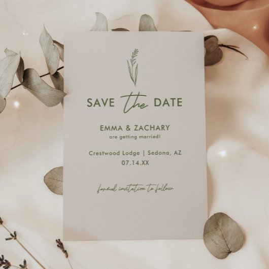 Minimalistische Hochzeit von Graugrün und Olivenöl Save The Date