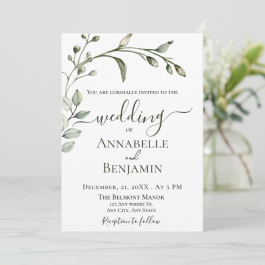 Minimalistische Hochzeit von Grün und Weiß Einladung (Stehend Vorderseite)