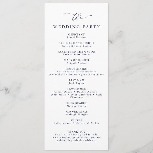 Minimalistische Hochzeit von Navy Blue & White Programm (Rückseite)