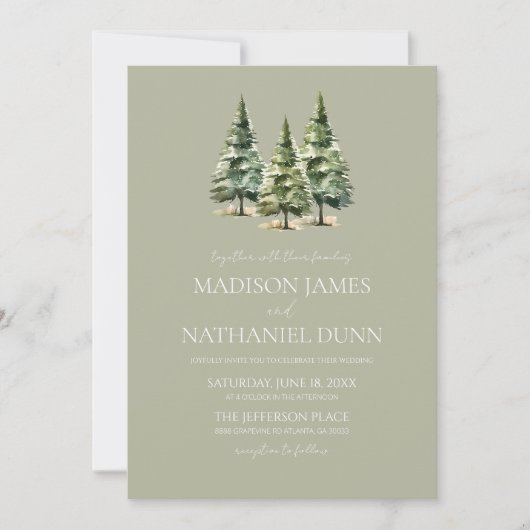 Minimalistische Hochzeit von Pinienbäumen Einladung (Vorderseite)