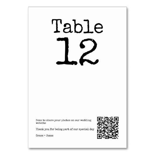 Minimalistische Hochzeit von Schreibmaschinen mit Tischnummer (Vorderseite)