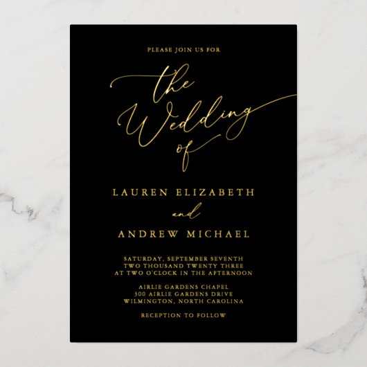 Minimalistische Hochzeit von Schwarz und Gold Foil Folieneinladung (Vorderseite)