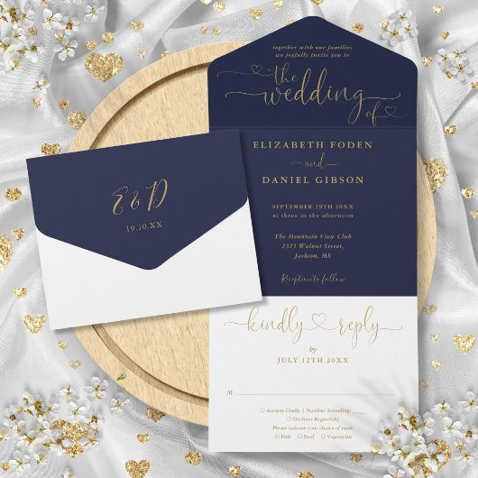 Minimalistische Hochzeiten von Navy und Gold Scrip All In One Einladung