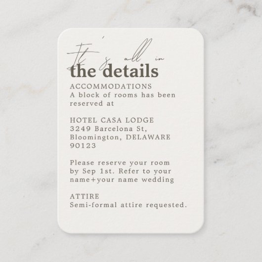 Minimalistische Hochzeitsdetails für Elfenbein Begleitkarte (Vorderseite)