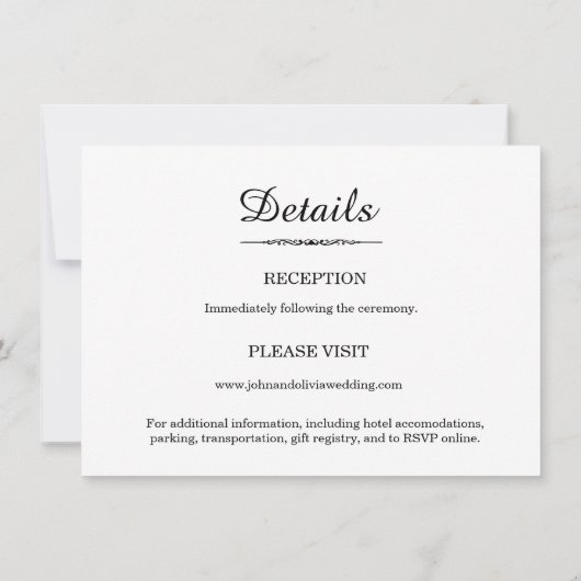 Minimalistische Hochzeitsdetails in Schwarz und We Einladung (Rückseite)