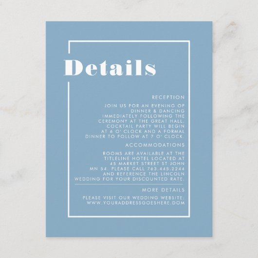 Minimalistische Hochzeitsdetails von dunkelblauen  Begleitkarte (Vorderseite)