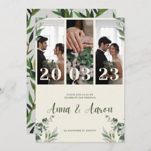 Minimalistische Hochzeitseinladung in Rosa und Grü Einladung (Vorne/Hinten)