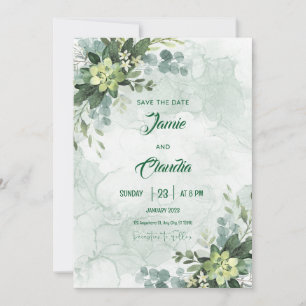 Minimalistische Hochzeitseinladung in Weiß und Grü Einladung