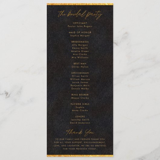 Minimalistische Hochzeitsfeier für Schwarz und Gol Programm (Rückseite)