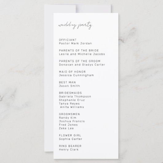 Minimalistische Hochzeitsfeier Skriptprogramm Eleg (Rückseite)