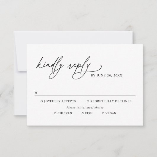 Minimalistische Hochzeitsmahlzeiten in Schwarz/Wei RSVP Karte (Vorderseite)