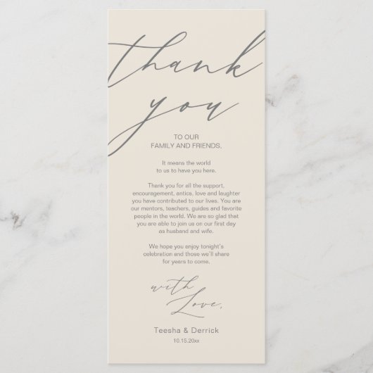 Minimalistische Hochzeitsplatteinstellung Dankesch Programm (Vorderseite)