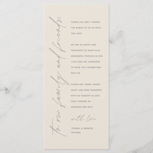 Minimalistische Hochzeitsplatteinstellung Dankesch Programm (Vorderseite)