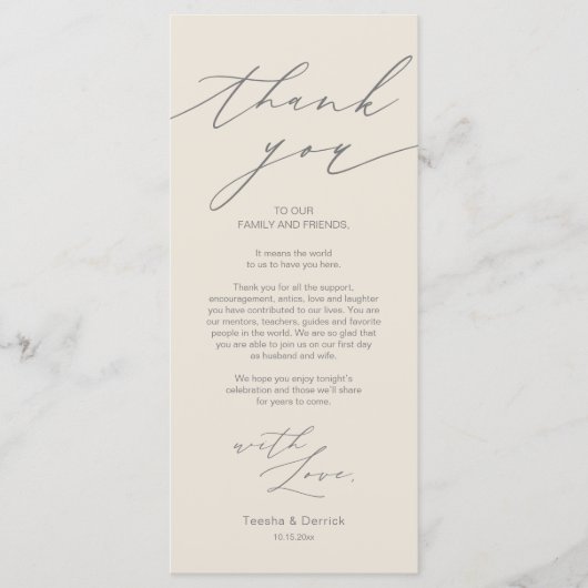 Minimalistische Hochzeitsplatteinstellung Dankesch Programm (Vorderseite)