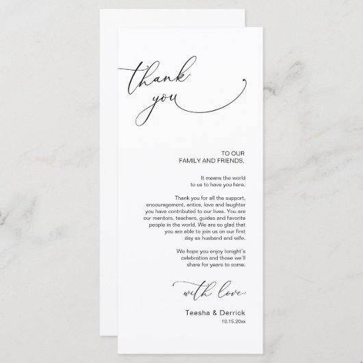 Minimalistische Hochzeitsplatteinstellung Dankesch Programm (Vorne/Hinten)