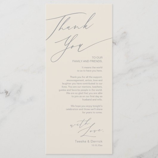 Minimalistische Hochzeitsplatteinstellung Dankesch Programm (Vorderseite)