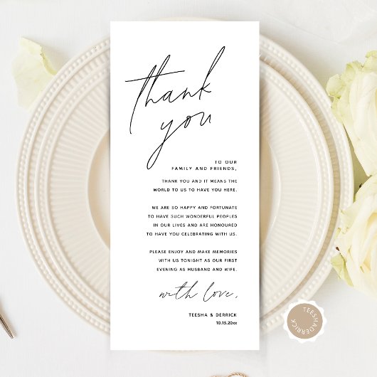 Minimalistische Hochzeitsplatteinstellung Dankesch Programm