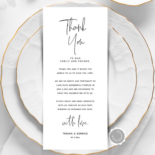 Minimalistische Hochzeitsplatteinstellung Dankesch Programm