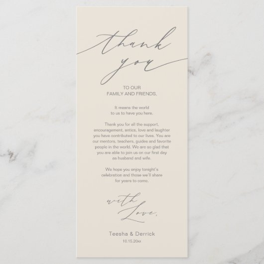 Minimalistische Hochzeitsplatteinstellung Dankesch Programm (Vorderseite)