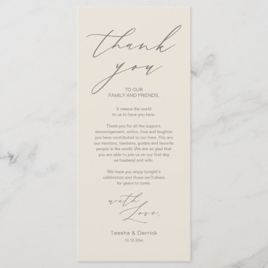 Minimalistische Hochzeitsplatteinstellung Dankesch Programm (Vorderseite)