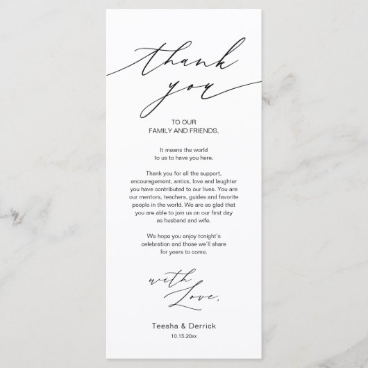 Minimalistische Hochzeitsplatteinstellung Dankesch Programm (Vorderseite)