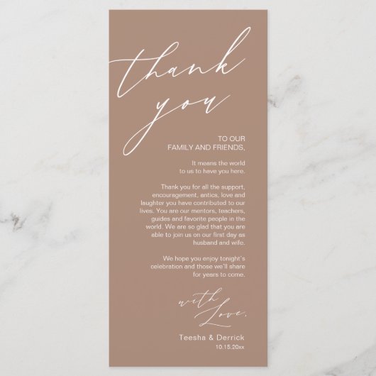 Minimalistische Hochzeitsplatteinstellung Dankesch Programm (Vorderseite)