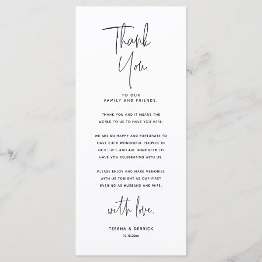 Minimalistische Hochzeitsplatteinstellung Dankesch Programm (Vorderseite)