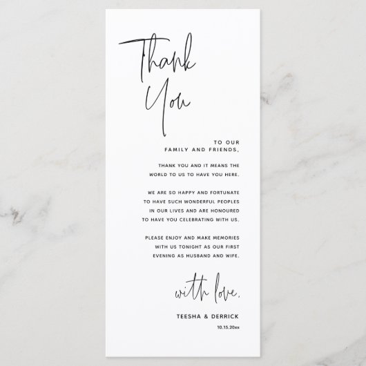 Minimalistische Hochzeitsplatteinstellung Dankesch Programm (Vorderseite)