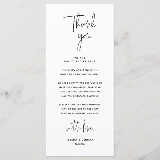 Minimalistische Hochzeitsplatteinstellung Dankesch Programm (Vorderseite)