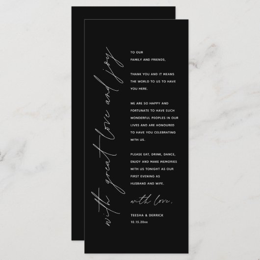 Minimalistische Hochzeitsplatteinstellung Dankesch Programm (Vorne/Hinten)