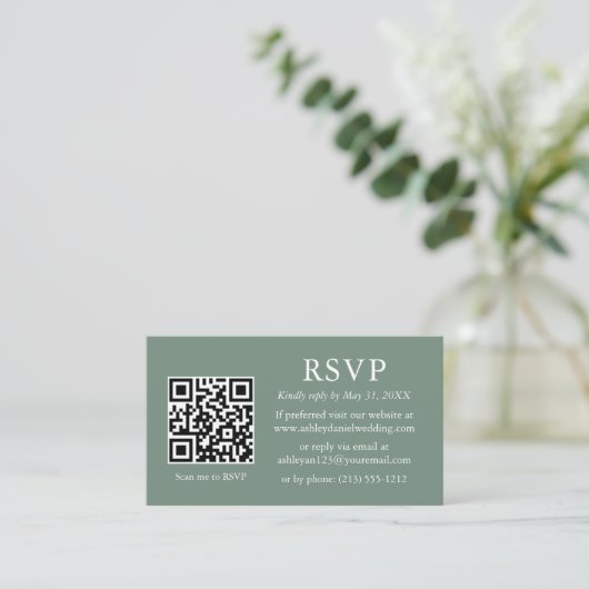 Minimalistische Hochzeitssage Green QR-UAWG Begleitkarte (Stehend Vorderseite)