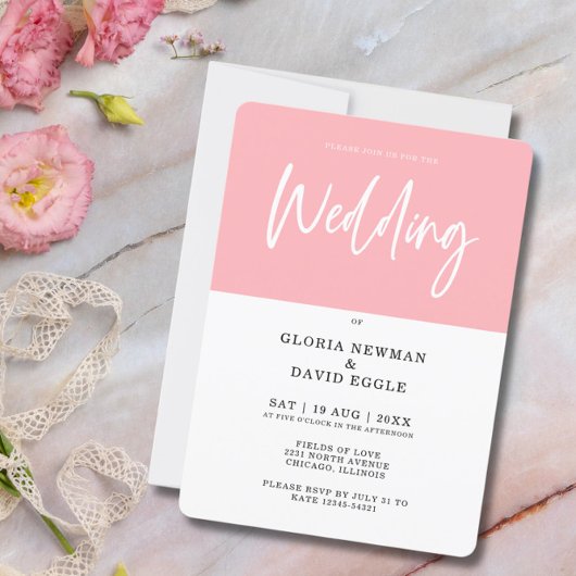 Minimalistische Hochzeitsszenierung in Rosa Einladung