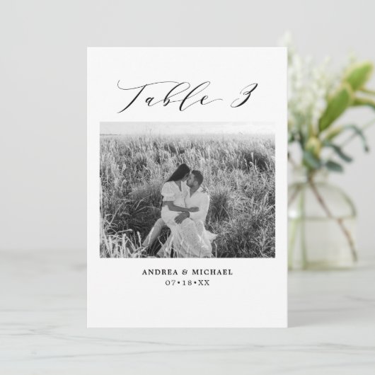 Minimalistische Hochzeitstabelle 3 Nummer & Bildka Ankündigung (Stehend Vorderseite)