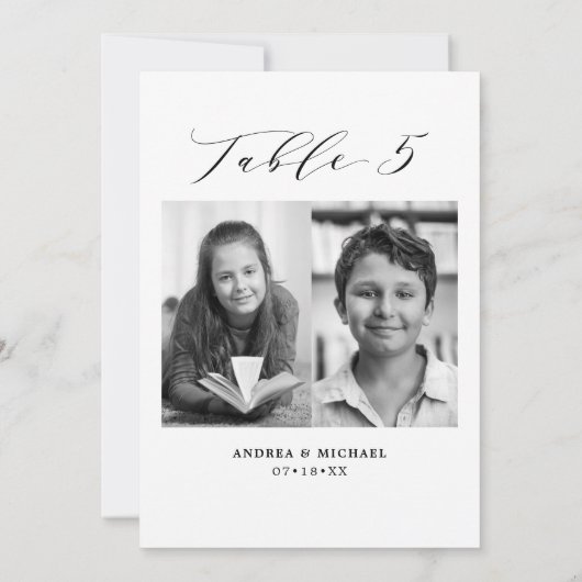 Minimalistische Hochzeitstabelle 5 Nummer & Bildka Ankündigung (Rückseite)