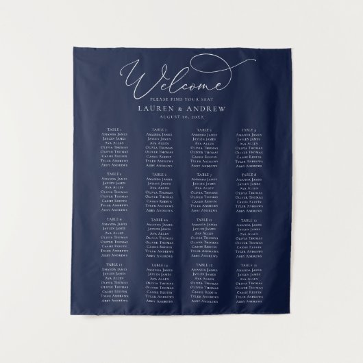 Minimalistische Hochzeitstabelle für Navy Blue Wandteppich (Vorderseite)