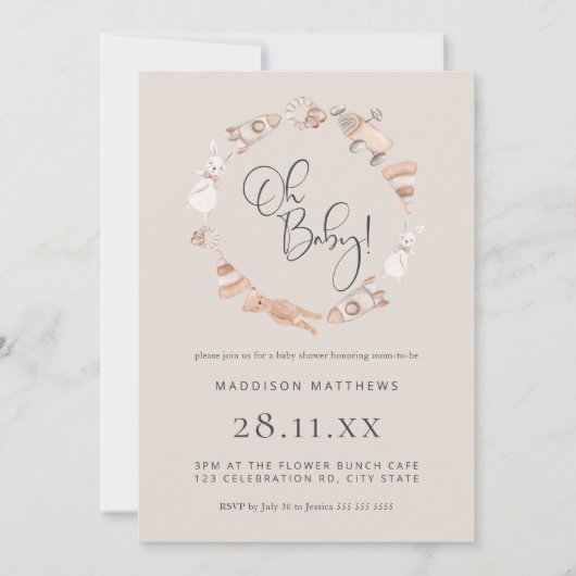 Minimalistische Holzspielzeug Neutral Baby Dusche  Einladung (Vorderseite)