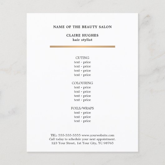 Minimalistische Imitate Goldline Beauty Salon Menü (Vorne)