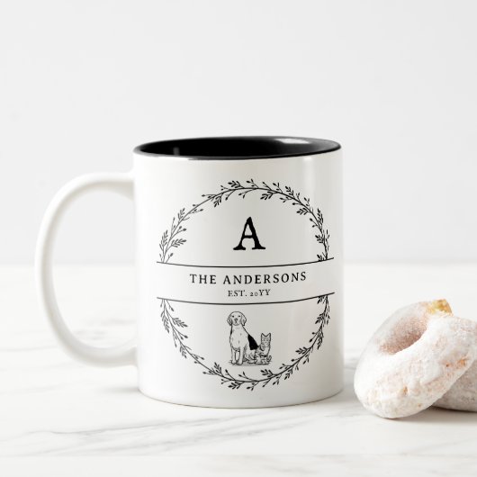 Minimalistische Initialen für ein Geschenkgutschei Zweifarbige Tasse (Mit Donut)