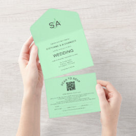 Minimalistische Initialen QR Code Mint Grüne Hochz All In One Einladung