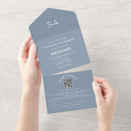 Minimalistische Initials QR Code Dusty Blue Weddin All In One Einladung