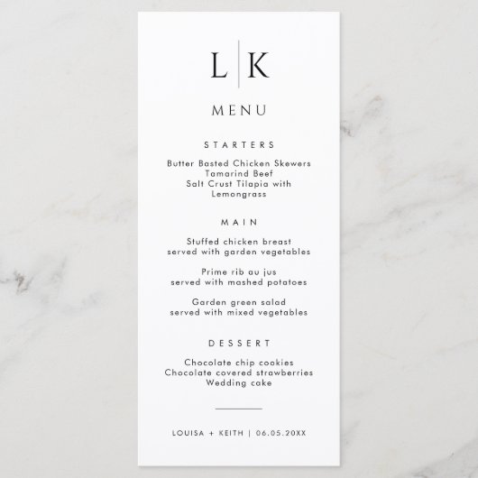 Minimalistische Initials Simple Wedding Menu Card Menükarte (Vorderseite)