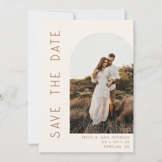 Minimalistische Ivory- und Tan-Bogen-Foto-QR-Code- Save The Date (Vorderseite)