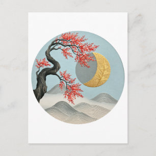 Minimalistische japanische Kirschblüten-Mondlandsc Feiertagspostkarte