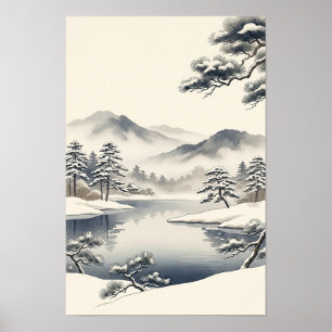 Minimalistische japanische Winterlandschaftskunst Poster