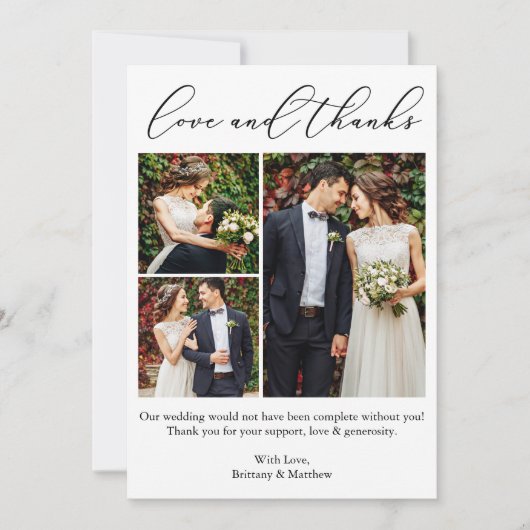 Minimalistische Kalligrafie 3 Fotos Hochzeit Liebe Dankeskarte (Vorderseite)