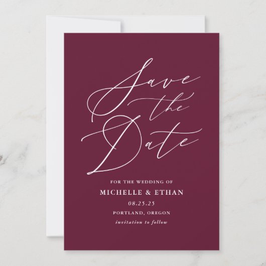 Minimalistische Kalligrafie Burgundy Foto Save The Date (Vorderseite)