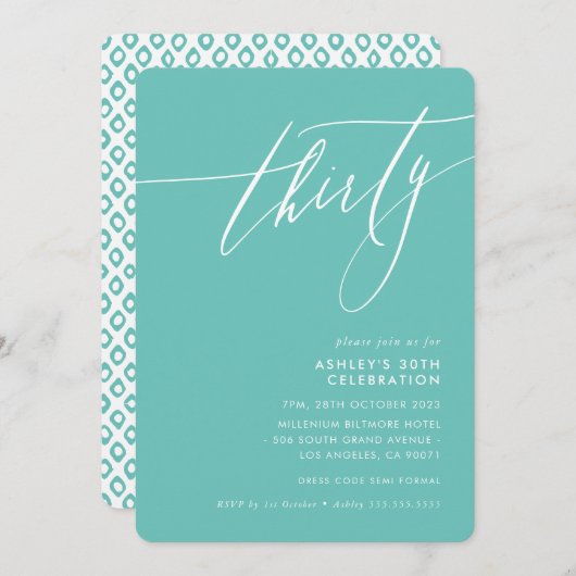 MINIMALISTISCHE Kalligrafie elegant 30. Party Minz Einladung (Vorne/Hinten)