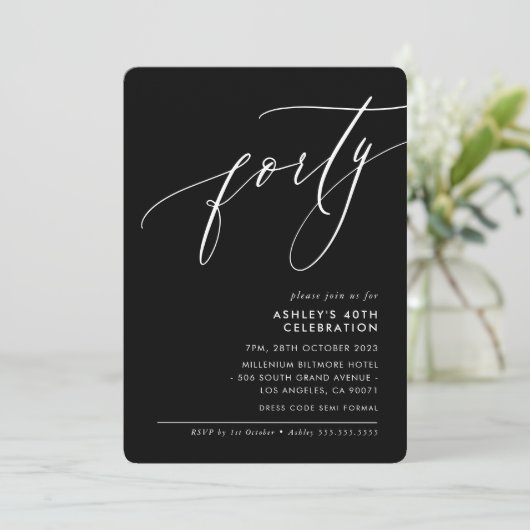 MINIMALISTISCHE Kalligrafie elegant 40. Party schw Einladung (Stehend Vorderseite)
