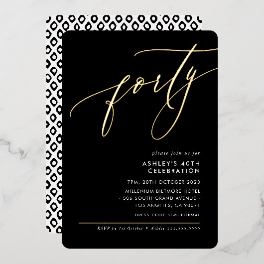 MINIMALISTISCHE Kalligrafie elegant 40. Party schw Folieneinladung (Vorderseite/Rückseite)